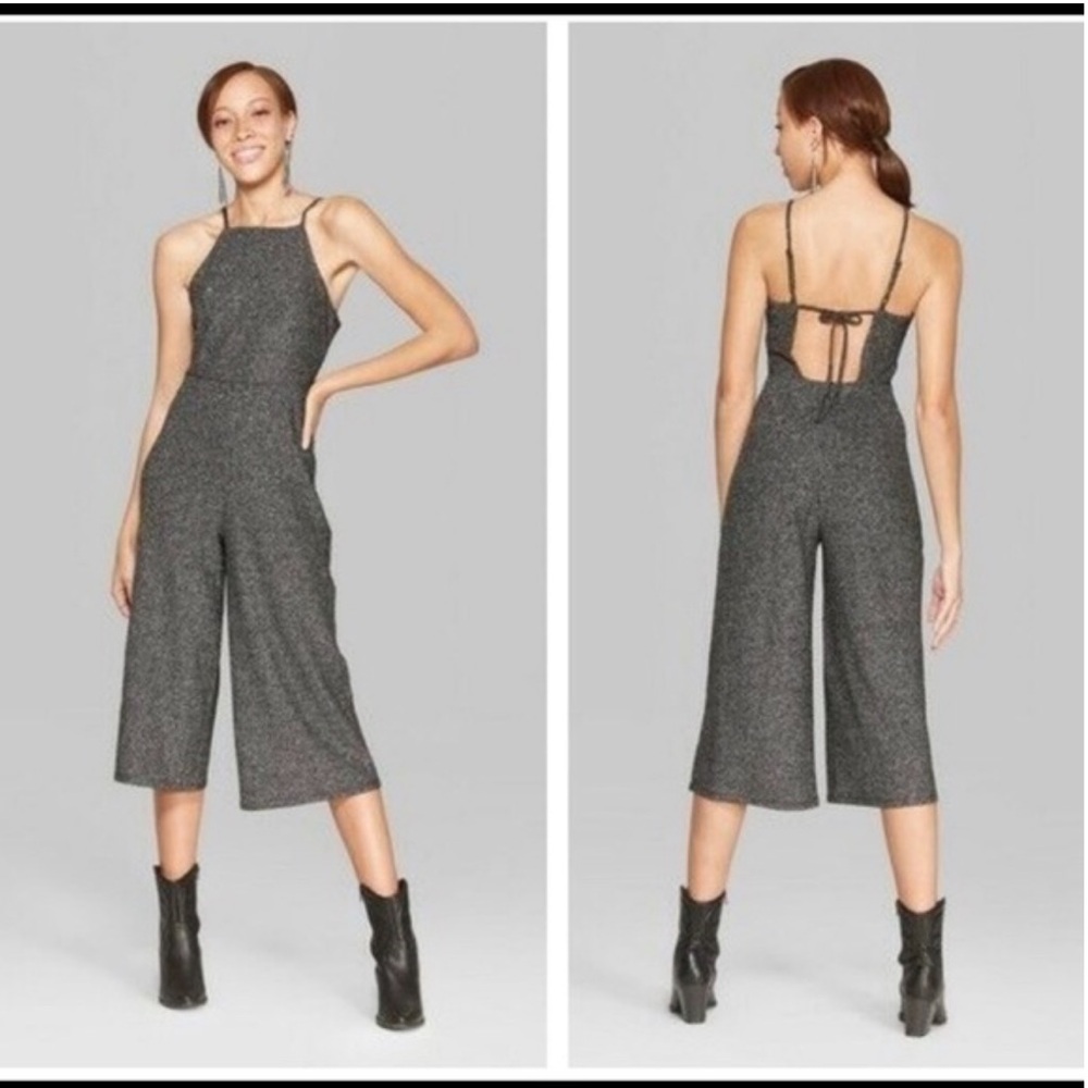 WILD FABLE Black Gray Metallic Silver Tie-Back Strappy Flare Sleeveless Jumpsuit